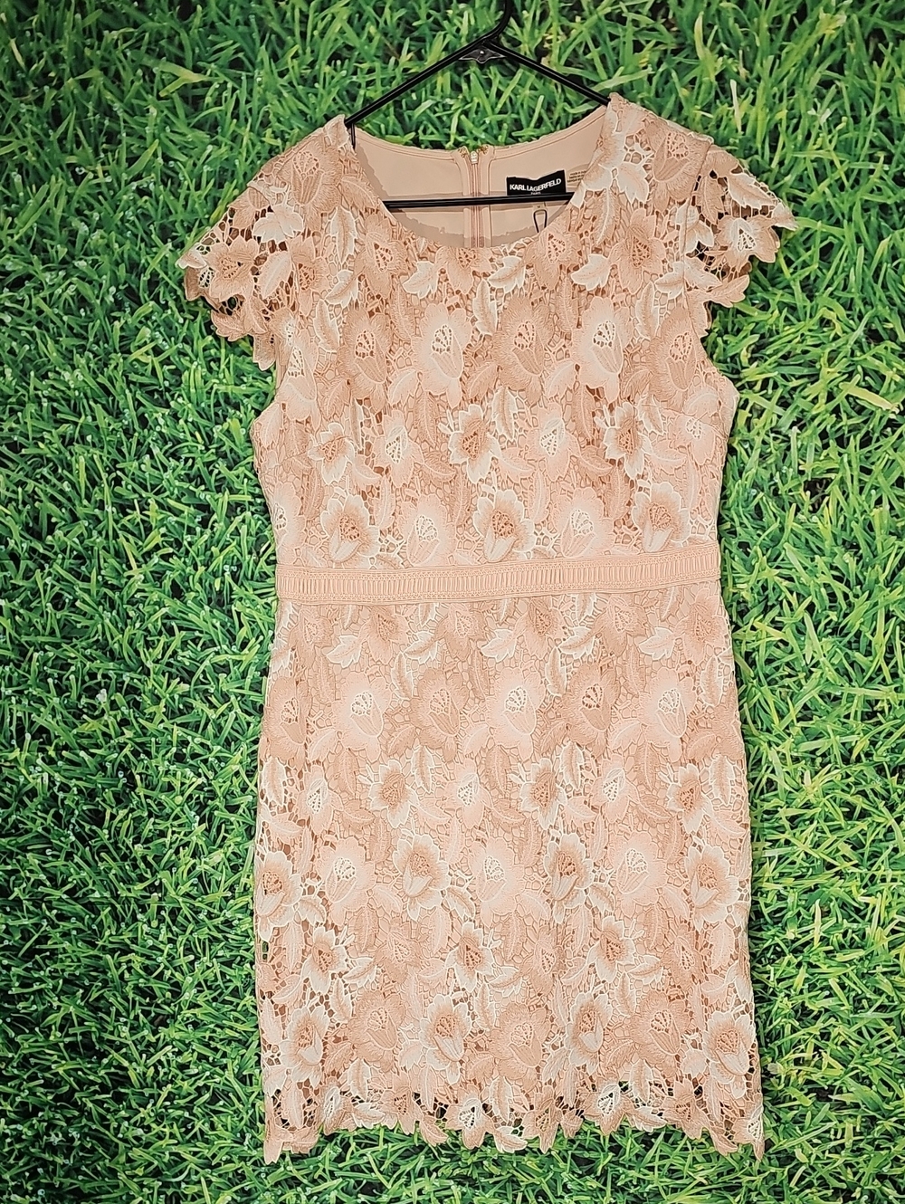 Karl Lagerfeld Blush Pink Floral Lace Cap-Sleeve Mini Dress
